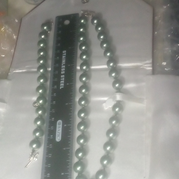 Green Tahitian ? 10mm apox Paearls necklace and bracelet 925 QG Thailand Mint - Picture 3 of 4